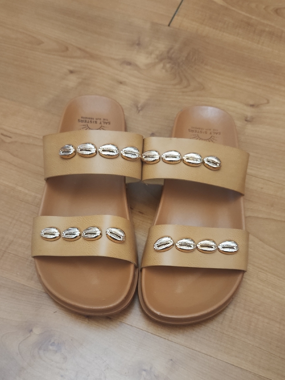 Leather Tan Double-Strap Slide Sandals with Gold Shell Embellishments